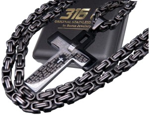 Zestaw ŁAŃCUSZEK na szyję + KRZYŻYK czarna stal CHIRURGICZNA 316L 