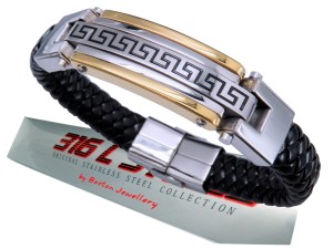 SREBRNA BRANSOLETA MĘSKA STAL 316L SKÓRA NATURALNA