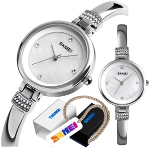 Srebrny Mały Elegancki Zegarek Damski SKMEI Na Bransolecie CYRKONIE 
