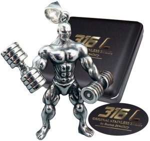 SREBRNY SIŁACZ KULTURYSTA Z HANTLAMI NA ŁAŃCUSZEK STAL CHIRURGICZNA 316L PREMIUM
