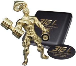 ZŁOTY SIŁACZ KULTURYSTA Z HANTLAMI NA ŁAŃCUSZEK STAL CHIRURGICZNA 316L PREMIUM