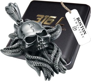 SREBRNA TRUPIA CZASZKA NA ŁAŃCUSZEK STAL CHIRURGICZNA 316L BOSTON JEWELLERY 