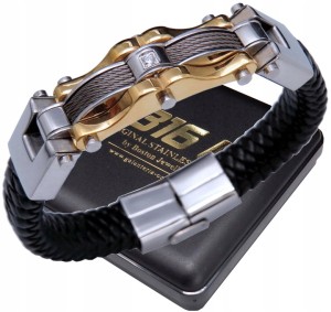 GRUBA SREBRNA SKÓRZANA BRANSOLETA MĘSKA STAL 316L BOSTON JEWELLERY 