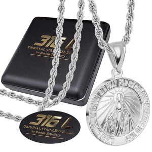 SREBRNY ŁAŃCUSZEK Z MEDALIKIEM Z MARYJĄ MATKĄ BOSKĄ STAL CHIRURGICZNA 316L SPOLT KRÓLEWSKI BOSTON JEWELLERY 