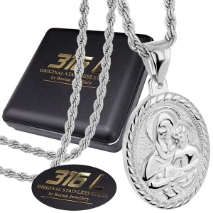 SREBRNY ŁAŃCUSZEK + MEDALIK Z MATKĄ BOSKĄ I DZIECIĄTKIEM JEZUS STAL 316L BOSOTN JEWELLERY