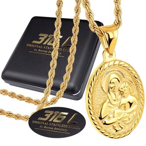 ZŁOTY ŁAŃCUSZEK + MEDALIK Z MATKĄ BOSKĄ I DZIECIĄTKIEM JEZUS STAL 316L BOSOTN JEWELLERY  