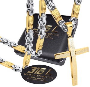 ZŁOTO - SREBRNY GRUBY ŁAŃCUSZEK + DUŻY KRZYŻYK STAL CHIRURGICZNA 316L 8 MM