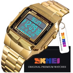 ELEKTRONICZNY ZEGAREK MĘSKI SKMEI 5 ALARMÓW NA BRANSOLECIE ZŁOTY ORYGINAŁ 