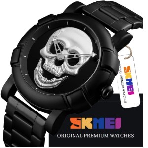 WSKAZÓWKOWY ZEGAREK MĘSKI SKMEI TRUPIA CZASZKA NA BRANSOLECIE CZARNY METAL 