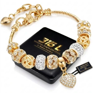 ZŁOTA BRANSOLETKA DAMSKA MODUŁOWA Z CHARMSAMI SERCE REGULOWANA GOTOWY ZESTAW  NA PREZENT 