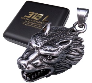 SREBRNY WILK NA ŁAŃCUSZEK AUTENTYCZNA STAL CHIRURGICZNA 316L